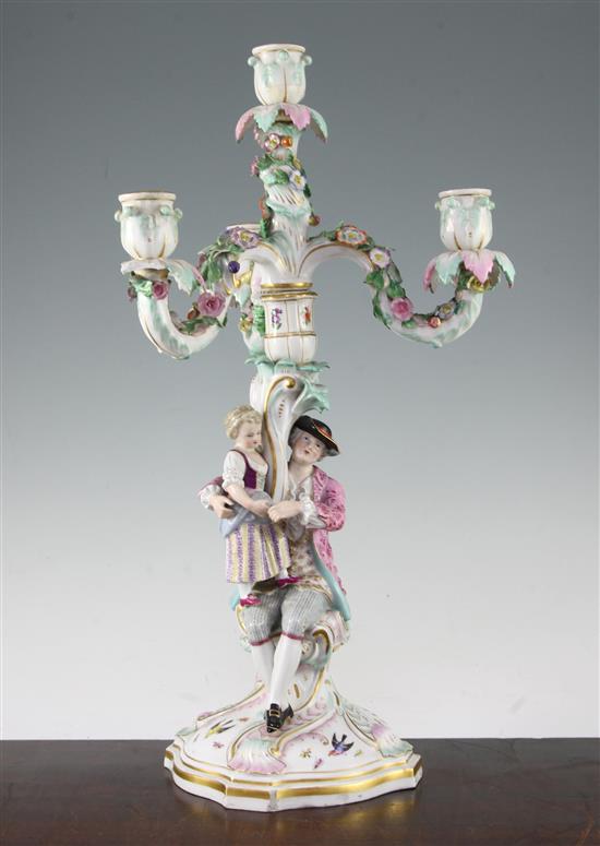 A Meissen figural four light candelabrum, late 19th century, 46.5cm, slight losses